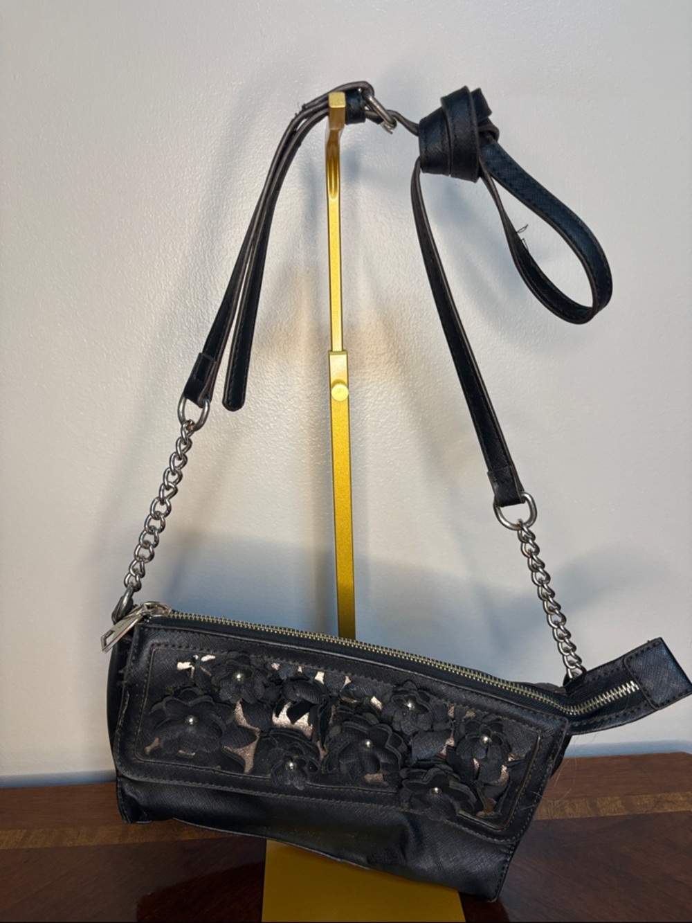 Liz Claiborne Black Floral Cutout Leather Crossbody Bag
